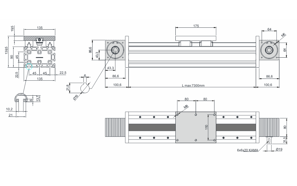 90x135 Linearmodul mit Zahnriementrieb – Technische Zeichnung
