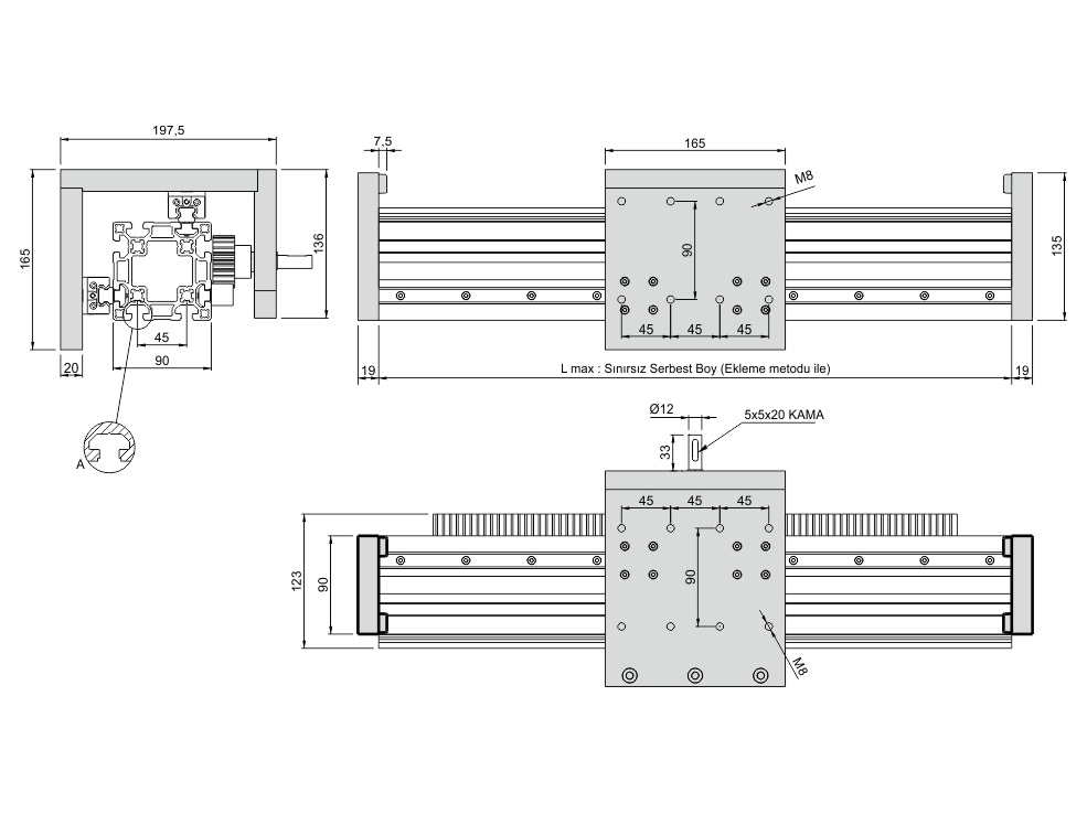 90x90 Linear Zahnstangen Brückenmodul – Technische Zeichnung