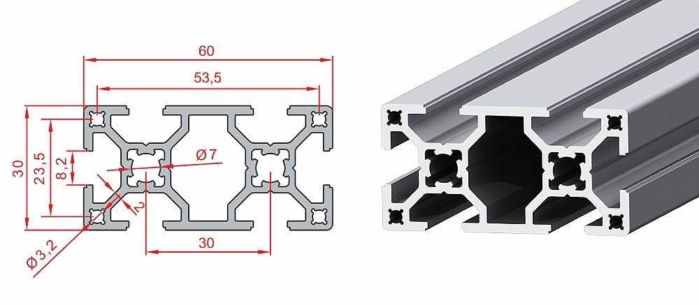 30x60 Profil leicht – Technische Zeichnung
