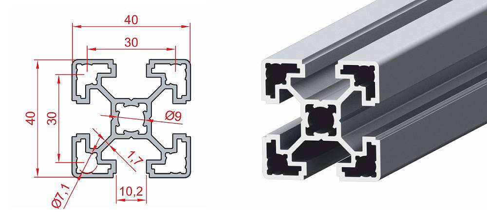 Bemaßter Querschnitt des Aluminiumprofils 40x40 leicht neben einer räumlichen Profilansicht.