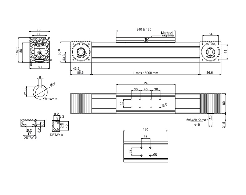 80x80 Linear Kompaktmodul mit Zahnriementrieb – Technische Zeichnung