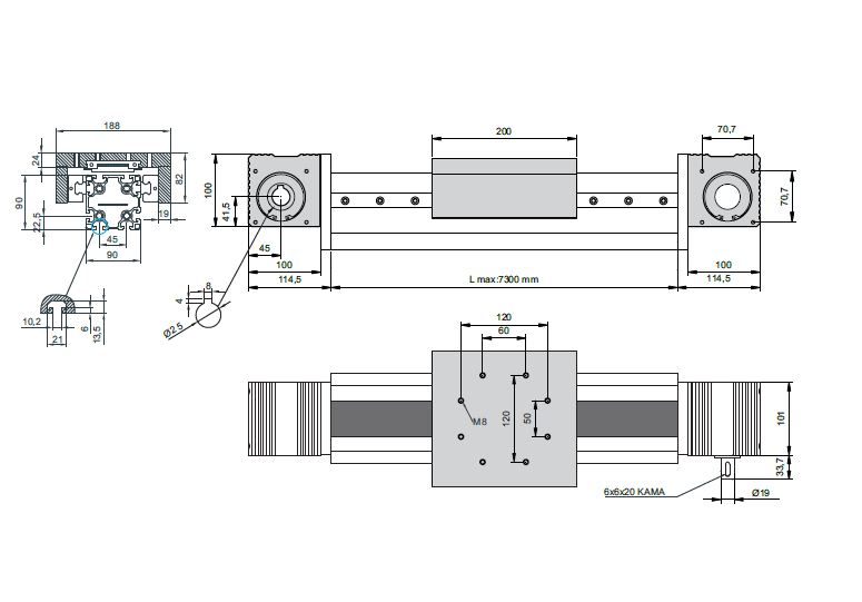 90x90 Linearmodul mit Zahnriementrieb – Technische Zeichnung