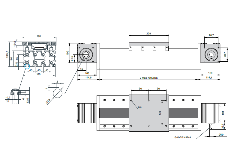 90x180 Linearmodul mit Zahnriementrieb – Technische Zeichnung
