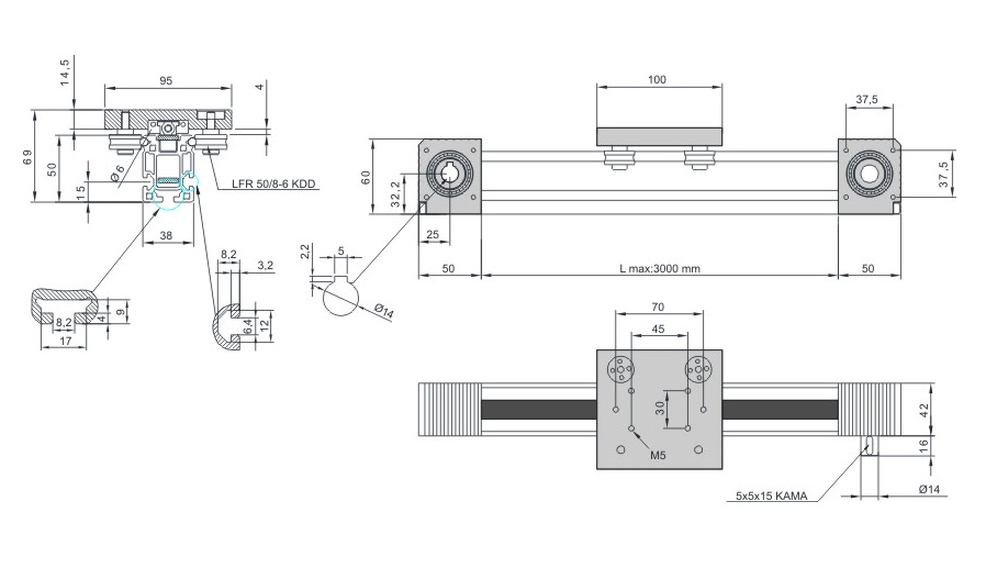 38x50 Modul mit Zahnriementrieb – Technische Zeichnung