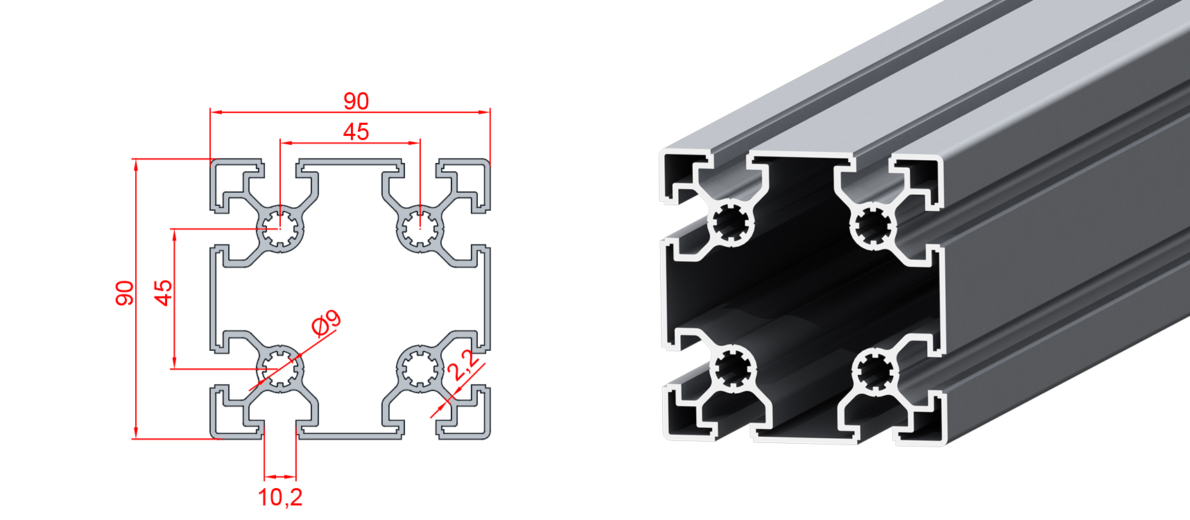 90x90 Profil superleicht – Technische Zeichnung