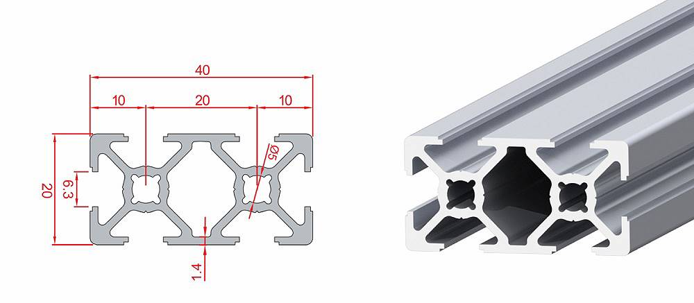 Technische Zeichnung des rechteckigen Aluminiumprofils 20x40 leicht mit Querschnitt und Profilansicht.