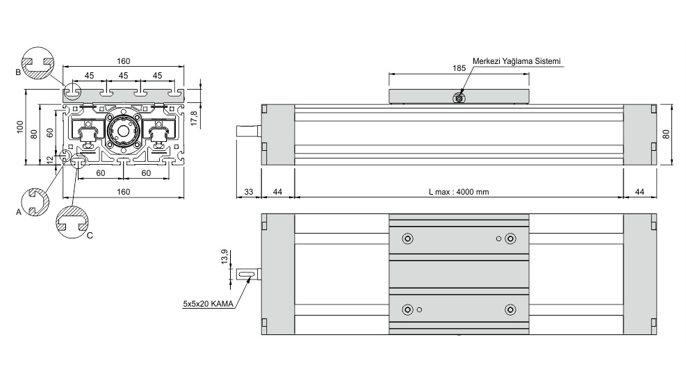 80x160 Linear Kompakt Modul – Technische Zeichnung