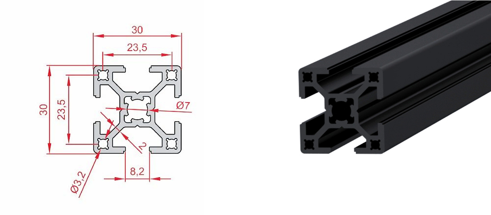 30x30 Profil leicht, schwarz – Technische Zeichnung